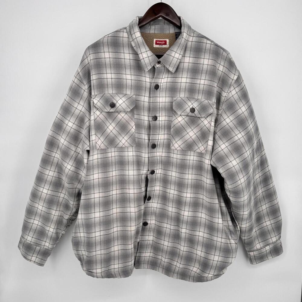 Wrangler Shirt Jacket Mens 2XL Gray Plaid Sherpa Lined Flannel Workwear